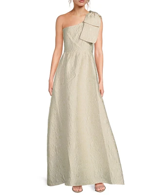 Abbey Glass Caroline Asymmetrical Neck Sleeveless Bow One Shoulder Bow Jacquard Pocketed A-Line Gown