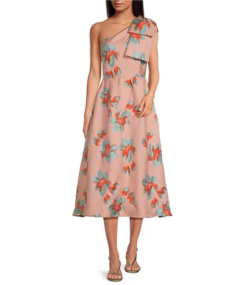 Abbey Glass Caroline Asymmetrical Neck Sleeveless Bow One Shoulder Bow Organza Jacquard Pocketed A-Line Dress