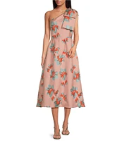 Abbey Glass Caroline Asymmetrical Neck Sleeveless Bow One Shoulder Bow Organza Jacquard Pocketed A-Line Dress