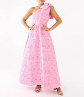 Abbey Glass Caroline Asymmetrical Neck Sleeveless Bow One Shoulder Bow Jacquard Pocketed A-Line Gown