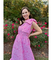 Abbey Glass Caroline Asymmetrical Neck Sleeveless Bow One Shoulder Bow Jacquard Pocketed A-Line Gown