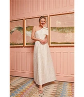 Abbey Glass Caroline Asymmetrical Neck Sleeveless Bow One Shoulder Bow Jacquard Pocketed A-Line Gown
