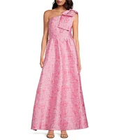 Abbey Glass Caroline Asymmetrical Neck Sleeveless Bow One Shoulder Bow Jacquard Pocketed A-Line Gown