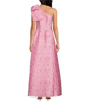 Abbey Glass Caroline Asymmetrical Neck Sleeveless Bow One Shoulder Bow Jacquard Pocketed A-Line Gown