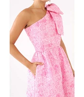 Abbey Glass Caroline Asymmetrical Neck Sleeveless Bow One Shoulder Bow Jacquard Pocketed A-Line Gown