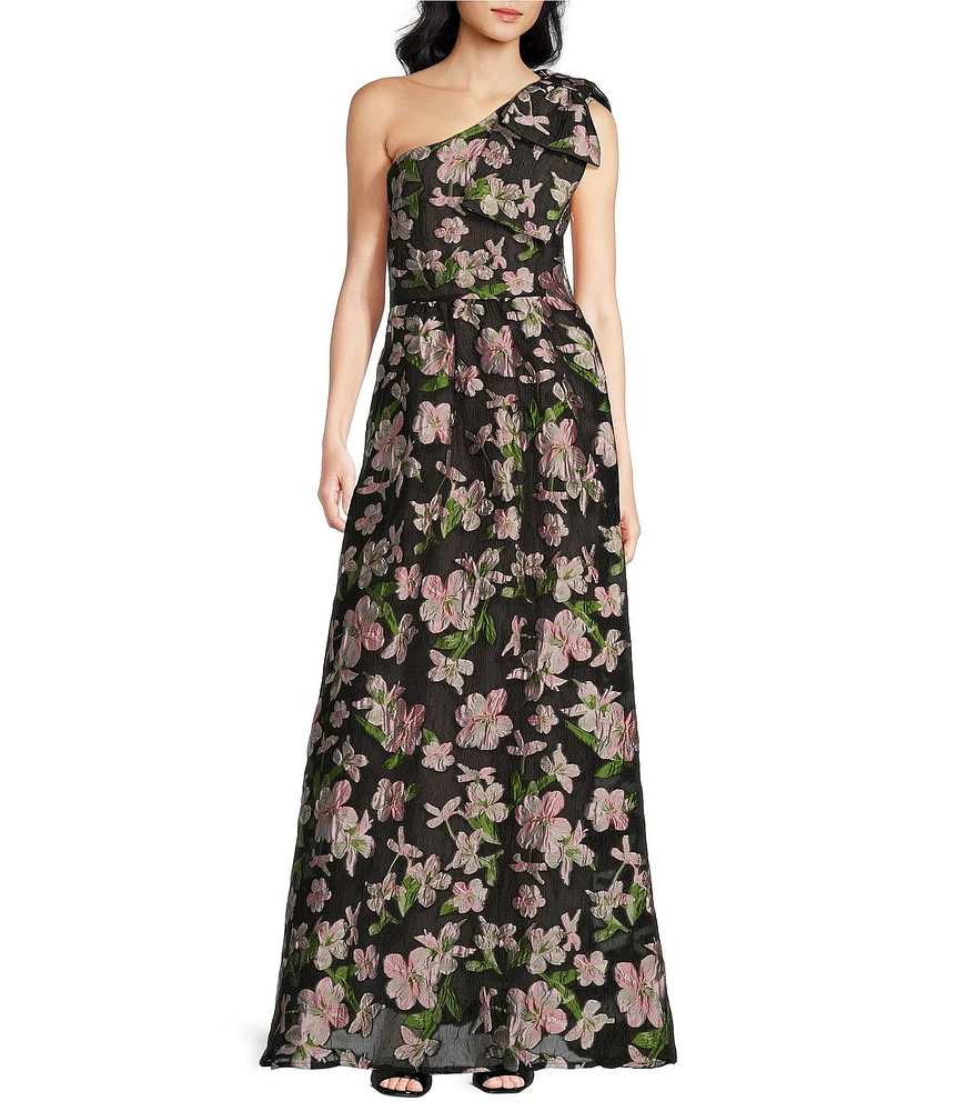 Abbey Glass Caroline Organza Floral Jacquard Asymmetrical Neck Sleeveless Bow One Shoulder Bow Pocketed A-Line Gown