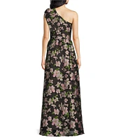 Abbey Glass Caroline Organza Floral Jacquard Asymmetrical Neck Sleeveless Bow One Shoulder Bow Pocketed A-Line Gown