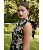 Abbey Glass Caroline Organza Floral Jacquard Asymmetrical Neck Sleeveless Bow One Shoulder Bow Pocketed A-Line Gown