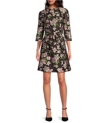 Abbey Glass Claudine Organza Floral Jacquard Ruffle Mock Neck 3/4 Sleeve Tie at Waist Above the Knee Shift Dress