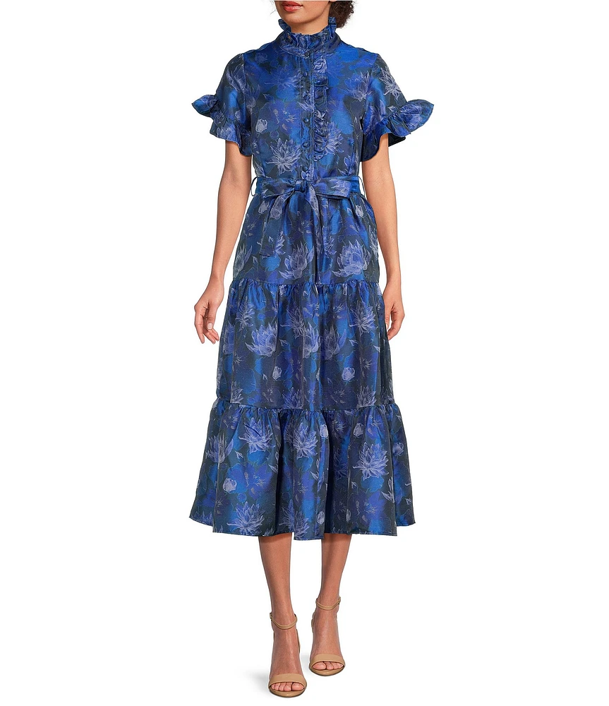 Abbey Glass Floral Print Sadie Ruffle Stand Collar Short Sleeve Tie Waist Tiered Pocketed Midi Dress