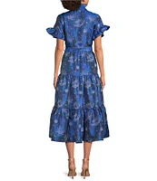 Abbey Glass Floral Print Sadie Ruffle Stand Collar Short Sleeve Tie Waist Tiered Pocketed Midi Dress