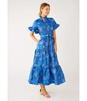 Abbey Glass Floral Print Sadie Ruffle Stand Collar Short Sleeve Tie Waist Tiered Pocketed Midi Dress