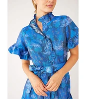 Abbey Glass Floral Print Sadie Ruffle Stand Collar Short Sleeve Tie Waist Tiered Pocketed Midi Dress