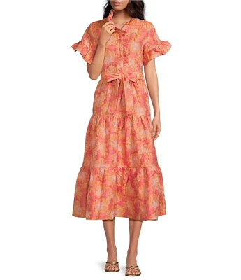 Abbey Glass Floral Print Sadie Ruffle Short Sleeve Tie Waist Tiered Pocketed Midi Dress