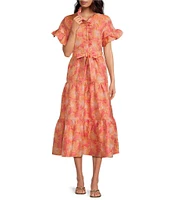 Abbey Glass Floral Print Sadie Ruffle Short Sleeve Tie Waist Tiered Pocketed Midi Dress