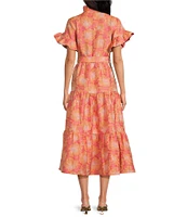 Abbey Glass Floral Print Sadie Ruffle Short Sleeve Tie Waist Tiered Pocketed Midi Dress