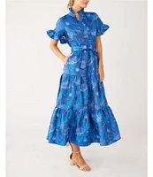 Abbey Glass Floral Print Sadie Ruffle Stand Collar Short Sleeve Tie Waist Tiered Pocketed Midi Dress