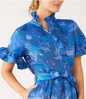 Abbey Glass Floral Print Sadie Ruffle Stand Collar Short Sleeve Tie Waist Tiered Pocketed Midi Dress