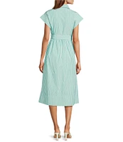 Abbey Glass Harper Stripe Print Button Down Collar Short Sleeve Popline Dress