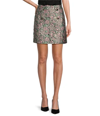 Abbey Glass Jessica Floral Jacquard High Rise Button Front Mini A-Line Coordinating Skirt