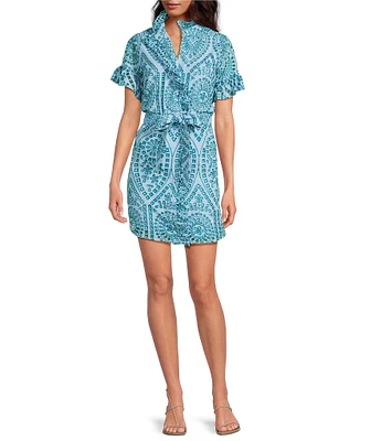 Abbey Glass Katie Button Down Collar Short Sleeve Eyelet Mini Shirt Dress