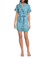 Abbey Glass Katie Button Down Collar Short Sleeve Eyelet Mini Shirt Dress