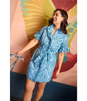 Abbey Glass Katie Button Down Collar Short Sleeve Eyelet Mini Shirt Dress