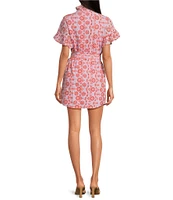 Abbey Glass Katie Button Down Collar Short Sleeve Eyelet Mini Shirt Dress