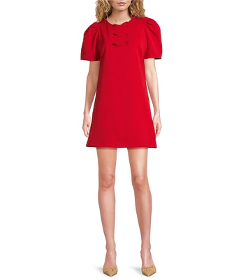 Abbey Glass Marty Crew Neck Short Puff Sleeve Bow Mini Shift Dress