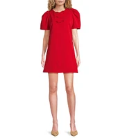 Abbey Glass Marty Crew Neck Short Puff Sleeve Bow Mini Shift Dress