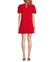 Abbey Glass Marty Crew Neck Short Puff Sleeve Bow Mini Shift Dress