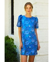 Abbey Glass Marty Floral Print Jacquard Round Neck Short Sleeve Shift Mini Dress