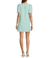Abbey Glass Marty Stripe Print Crew Neckline Short Puff Sleeve Poplin Mini Shift Dress