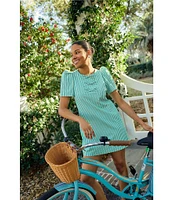 Abbey Glass Marty Stripe Print Crew Neckline Short Puff Sleeve Poplin Mini Shift Dress