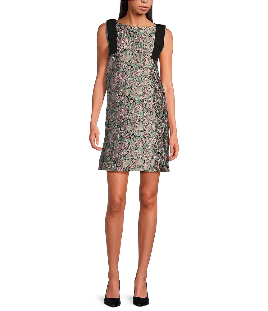 Abbey Glass Michelle Floral Jacquard Boat Neck Sleeveless Bow Shoulder Mini Shift Dress