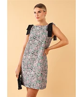 Abbey Glass Michelle Floral Jacquard Boat Neck Sleeveless Bow Shoulder Mini Shift Dress