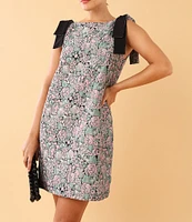 Abbey Glass Michelle Floral Jacquard Boat Neck Sleeveless Bow Shoulder Mini Shift Dress