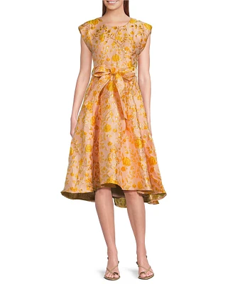 Abbey Glass Olivia Floral Jacquard Crew Neck Short Sleeve Self-Tie Belt Midi Dress