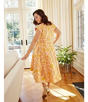 Abbey Glass Olivia Floral Jacquard Crew Neck Short Sleeve Self-Tie Belt Midi Dress
