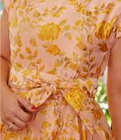 Abbey Glass Olivia Floral Jacquard Crew Neck Short Sleeve Self-Tie Belt Midi Dress