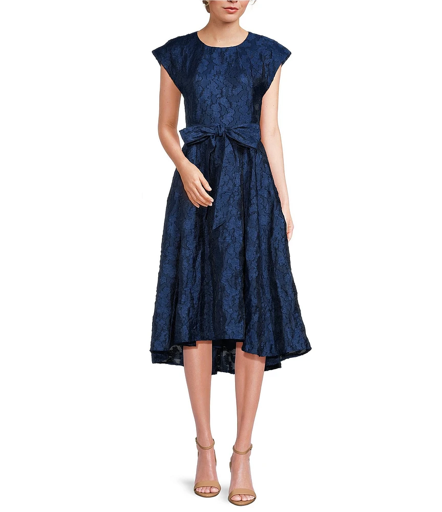 Abbey Glass Olivia Organza Round Neck Short Sleeve Tie Waist A-Line Midi Flounce Dress