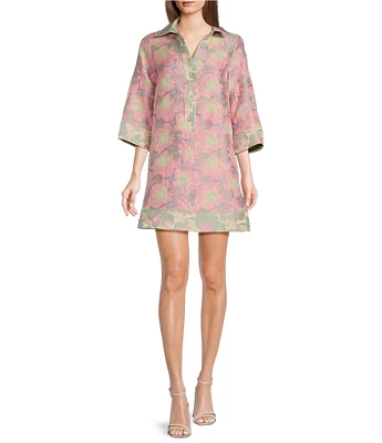 Abbey Glass Piper Floral Print V-Neck 3/4 Sleeve Caftan Mini Dress