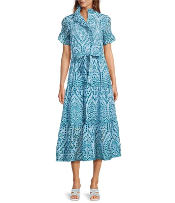 Abbey Glass Sadie Eyelet Short Ruffle Sleeve Self Tie Tiered Skirt A-Line Midi Dress