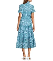 Abbey Glass Sadie Eyelet Short Ruffle Sleeve Self Tie Tiered Skirt A-Line Midi Dress