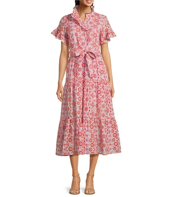 Abbey Glass Sadie Eyelet Short Ruffle Sleeve Self Tie Tiered Skirt A-Line Midi Dress