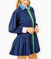 Addison Bay Lane Color Block Point Collar Long Blouson Sleeve Peplum Dropped Waist Flounce Mini Shirt Dress