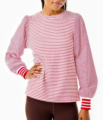 Addison Bay Penny Knit Stripe Crew Neck Long Puffed Poplin Sleeve Pullover Sweatshirt