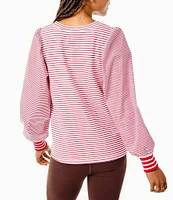 Addison Bay Penny Knit Stripe Crew Neck Long Puffed Poplin Sleeve Pullover Sweatshirt