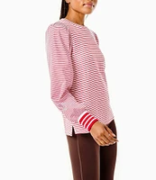 Addison Bay Penny Knit Stripe Crew Neck Long Puffed Poplin Sleeve Pullover Sweatshirt