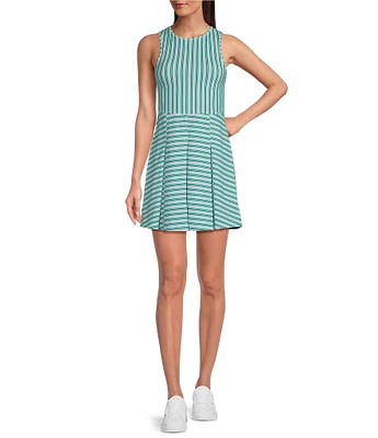 Addison Bay Racquet Striped Print Crew Neck Sleeveless Pleated Active Dress